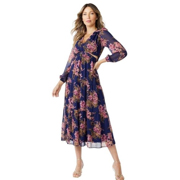 Sofia Jean Cutout Midi Floral Bouquet Balloon Sleeve V-Neck Blue Dress Size L - Picture 1 of 14